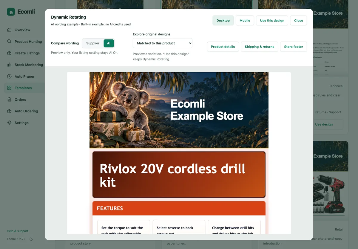 Ecomli Templates preview showing a design picked by Dynamic Rotating for a fictional example store and product