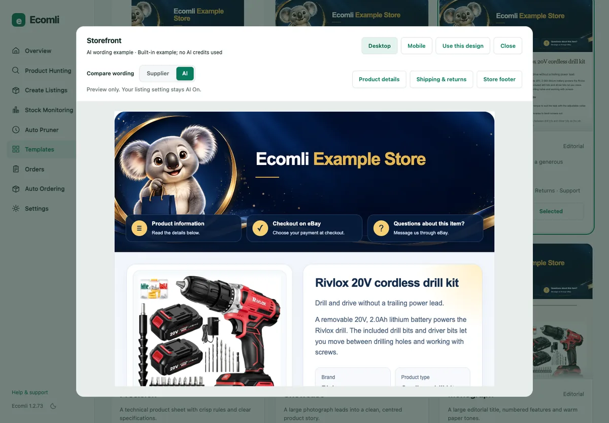 Ecomli Templates preview showing the Storefront description design for a fictional example store and product