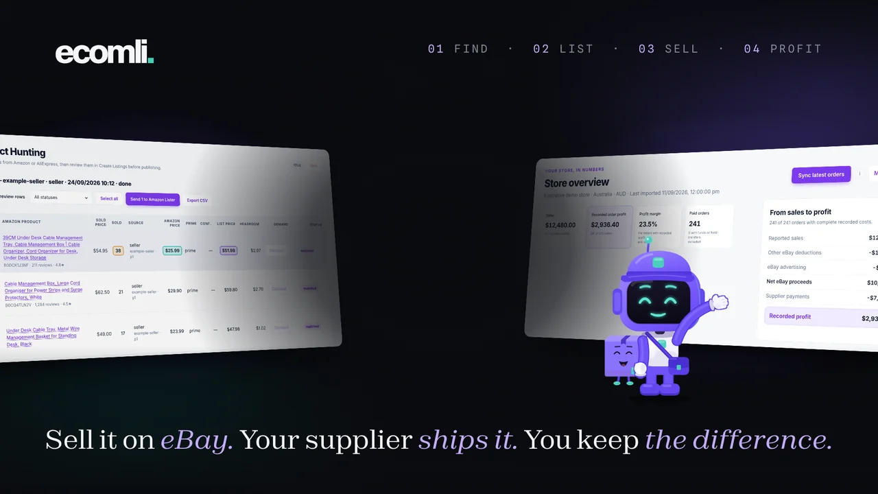 Ecomli demo video, narrated: product finder, AI listings with Safety Shield, auto ordering and profit tracking
